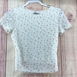 Hollister Must-Have Collection Baby Cropped Tee Top White‎ Brown Floral Sz M